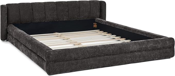 DEINPPA Queen Size Bed Frame with Cloud Soft Headboard, Chenille Upholstered Grounded Wood Base Bed Frame, No Box Spring Needed-Dark Grey