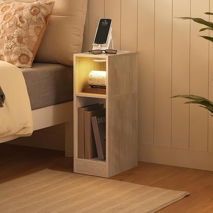 Narrow Nightstand, Slim End Table with Charging Station and LED Sensor Light, Modern Side Table, Bedside Table, for Small Spaces, Living Room, Bedroom, Natural ETNA25E01