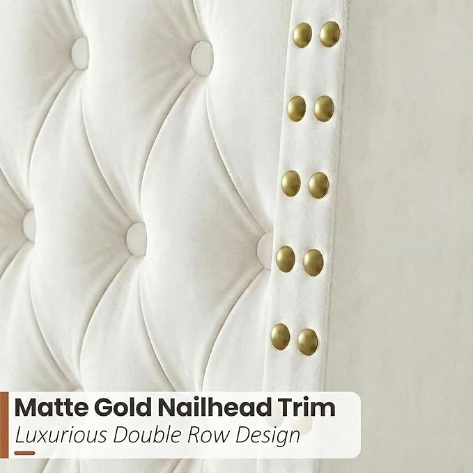 Queen Bed Frame White Velvet, 47.2" Tall Wingback Headboard with Gold Nailhead Trim, Upholstered Platform Bed with Diamond Tufting, 1000lbs Heavy Duty Support, No Box Spring Needed