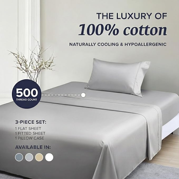 Beckham Hotel Collection Twin XL Sheet Set 100% Cotton, 500TC Luxury Sateen Bedding, 16” Deep Pocket, Moisture-Wicking, 3-Piece, Gray