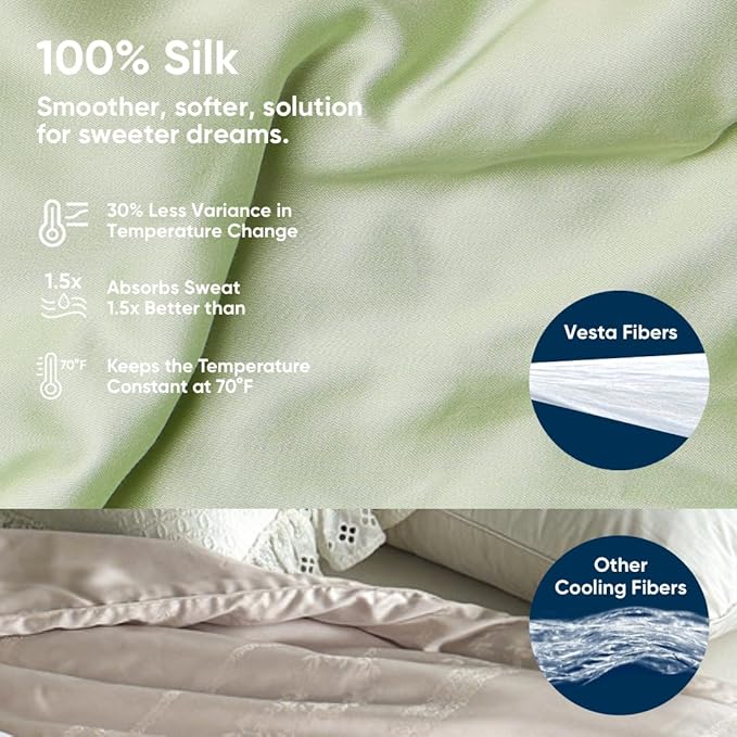 Vesta Washable Silk Lightweight Comforter, Cooling Blanket for Hot Sleepers, 100% Long Staple Mulberry Silk, Moisture & Thermal Control for Summer Use (Tender Green, King/Cal King 104'' X 90'')