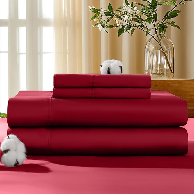 LBRO2M 100% Cotton Sheets Set Deep Pocket 19", 1000 Thread Count King Size 4 Piece Bed Sheet Sets Soft Comfortable Bedding All Season (King, Burgundy)