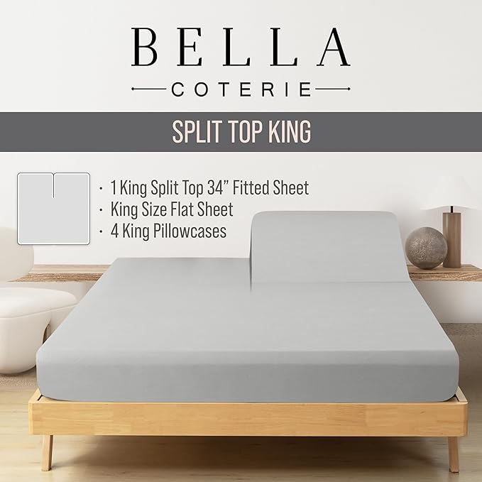 Bella Coterie 6 Piece Luxury Bamboo Viscose Split Top King Size Sheet Set | 34" Split for Adjustable Beds | 100% Organically Grown| Cooling | 18” Deep Pocket | 4 Pillowcases [Grey Mist]