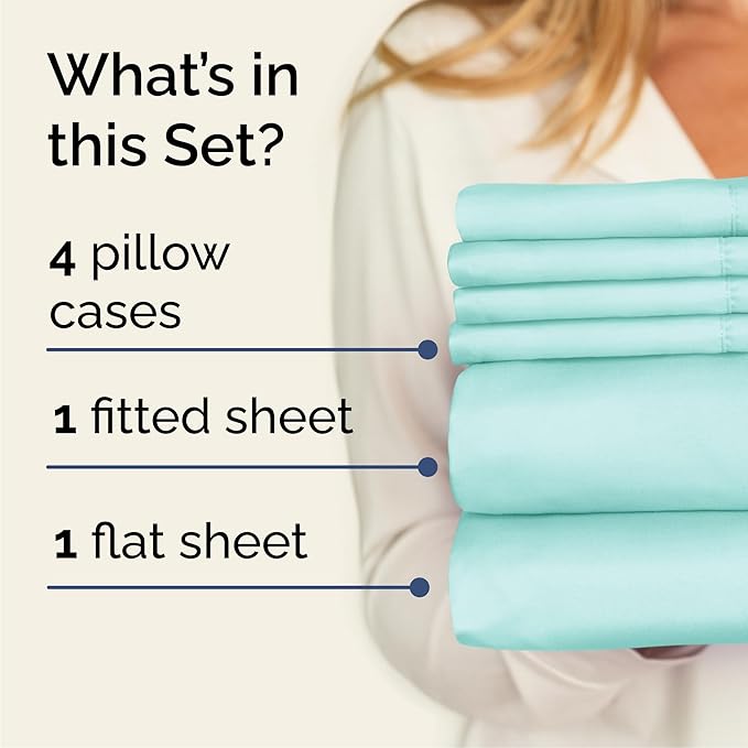 Queen 6 Piece Sheet Set - Cooling, Comfy & Breathable - Hotel Luxury Bedding, Includes Fitted Sheet for Women, Men, Kids & Teens - 1 Flat, 1 Fitted Sheet, 4 Pillowcases with Deep Pockets - Spa Blue
