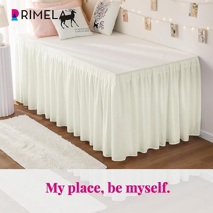 RIMELA Dorm Bed Skirt Twin XL 42 Inch Drop, Easy to Install Extra Long Wrap Around Elastic Dust Ruffle, Ivory White Bedskirt Silky Fabric Machine Washable (Twin XL 80“L x 39”W & Twin 75“L x 39”W)