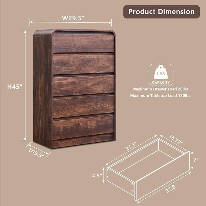 Modern 5 Drawers Dresser for Bedroom, 45" Tall Dressers & Chests of Drawers w/Curved Profile Design, Wood Mid Century Vertical Dresser w/Natural Texture for Bedroom, Living Room, Brown