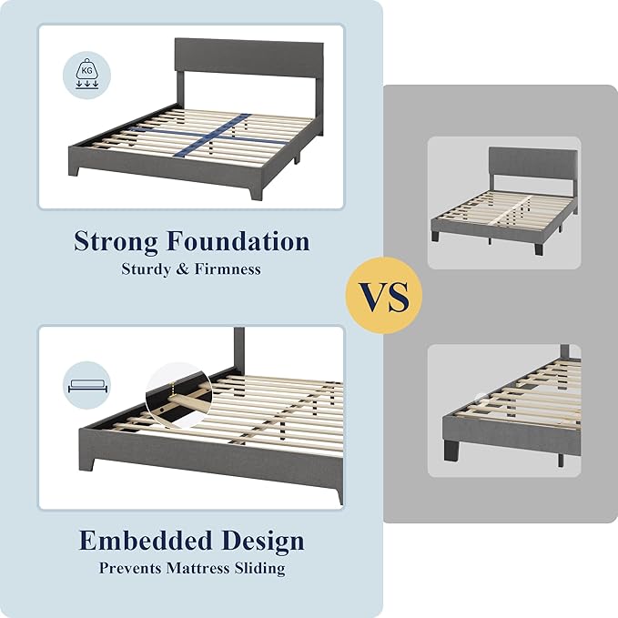 Allewie Full Size Bed Frame with Adjustable Headboard, Upholstered Platform Bed with Wood Slats, Heavy Duty Mattress Foundation, No Box Spring Needed, Noise-Free, Easy Assembly, Dark Grey