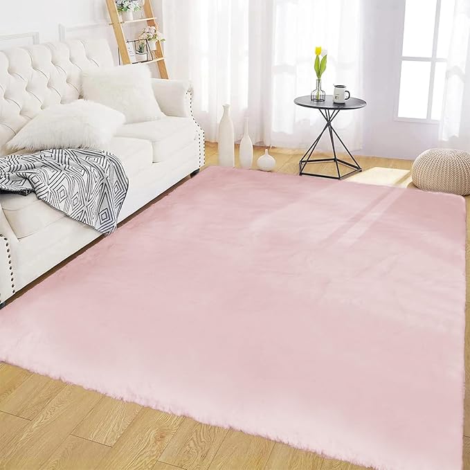 Latepis Pink Rugs for Bedroom Grils 4x6 Washable Fluffy Non-Slip Rug Soft Faux Rabbit Fur Furry Rug for Living Room, Playroom, Nursery and Dorm