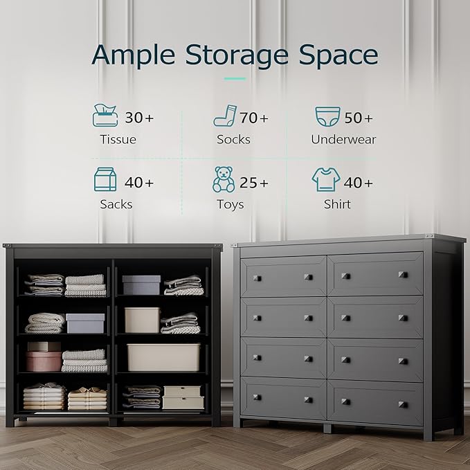 Dresser for Bedroom with 8 Drawers, Farmhouse Wood Chest of Drawers, Wide TV Stand Closet Storage Furniture with Metal Handle, Modern Clothes Organizer for Hallway, Living Room, Entryway, Black