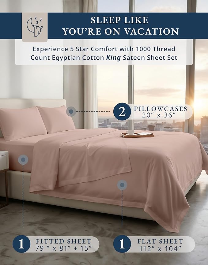 100% Egyptian Cotton King Bed Sheets – Premium 1000 Thread Count Silky Sateen Sheet for All Season Comfort, 15" Deep Pocket King Sheets Set, OEKO-TEX Certified, Durable & Machine Washable - Sepia Rose