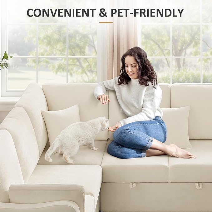 111'' Sectional Sleeper Sofa with Pull Out Bed, U Shaped 6 Seat Modular Couch with Storage Chaise, Modern Sectional Couch, Cloud Chenille Sofa Bed for Living Room Apartment, Beige