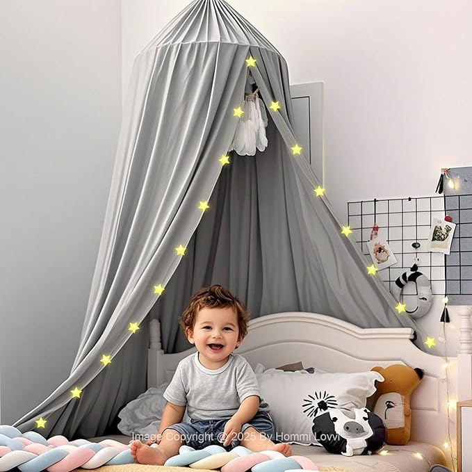 Grey Bed Canopy for Girls with Light, Princess Canopy Curtains for Twin Full Queen Size Kids Bed, Canopy for Girls Bed Room Decor, Hanging Castle Ceiling Tent