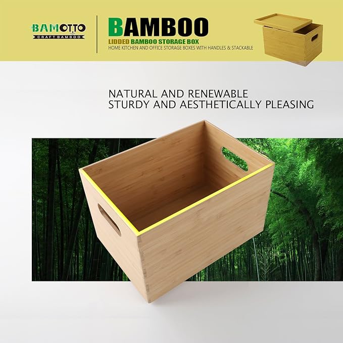 BAMOTTO Lidded Bamboo Storage Bins & Box/Cube/Basket, Home Kitchen and Office Storage Boxes with Handles & Stackable for Organizer Tableware, Clothing, Toys, Office Shelf Books, 10.2”x7.3”x6.5”