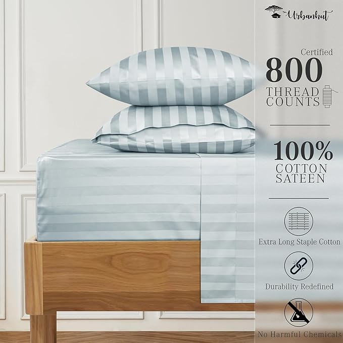 URBANHUT 800 Thread Count 100% Cotton Damask Full Size Sheets, 4 Piece Striped Full Size Bedsheets, Luxury Hotel Sheets Sateen Weave - Better Than Egyptian, 16" Elasticized Deep Pocket- Light Blue