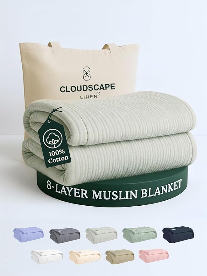 Cloud Scape Linen 8-Layer Muslin Blanket Queen Size - 100% Cotton, Soft and Breathable, Oversized Winter Blanket, Fits up to Full Size Bed, 92x92, Seafoam