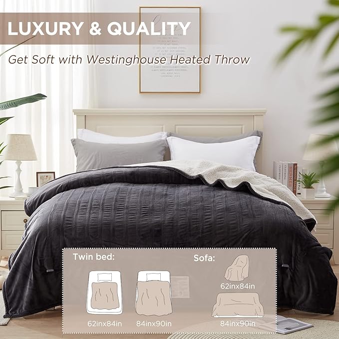Westinghouse Heated Blanket King Size, Soft Flannel to Sherpa Electric Blanket with 10 Heating Levels, 1-12 Hours Auto Shut Off, Fast Heating, Machine Washable, 100x90 Inch, Charcoal