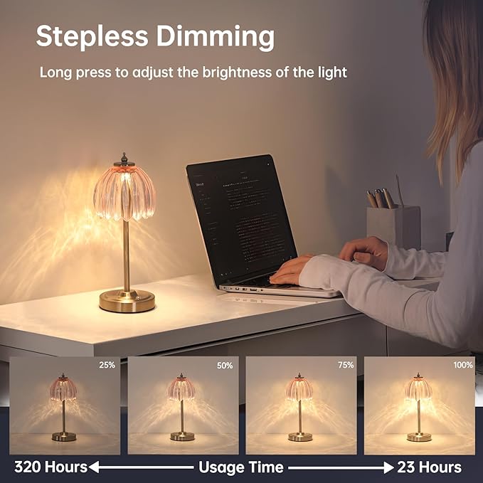 Tulip Table Lamp with 5200mAh Battery & Touch Control, Cordless Small Table Lamp with 3 Colors, Dimmable Rechargeable Table Lamps for Living Room, Bedroom, Desk, Bedside (Clear Pink Tulip)