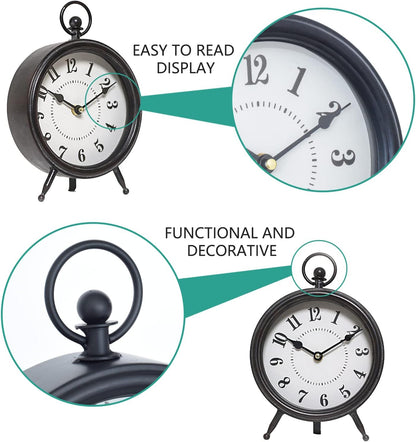 Vintage Black Table Clock on Stand, Decorative Desk and Shelf Clock, Rustic Mantel Clock Farmhouse Clock Non-Ticking