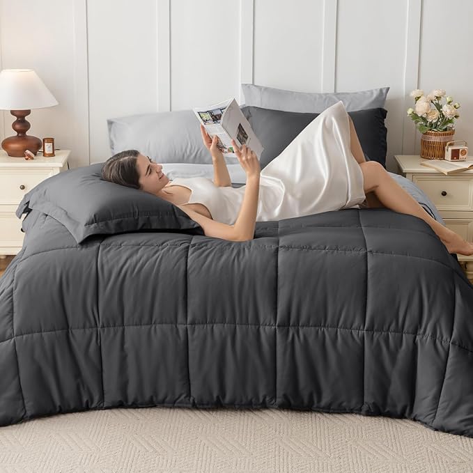 JOLLYVOGUE California King Comforter Set, Ultra-Soft Bed in a Bag Cal King Size 7 Pieces, Oeko-TEX Certified Bedding Set With Down Alternative Comforter, Sheets, Pillowcases & Shams, Dark & Light Grey