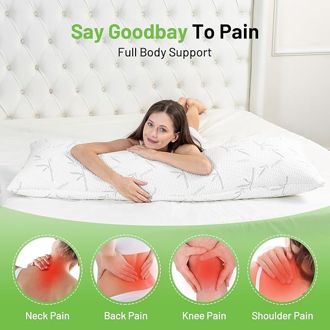 Full Body Pillow with Removable Pillowcase for Adults,（Memory Foam Filling）（Long Pillow for Side Sleepers） （Fluffy and Firm）（Adjustable Filling）（20×54 Inch，White）