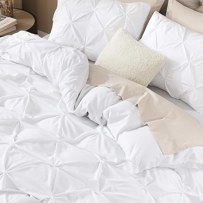 Litanika White Oversized King Pinch Pleat Duvet Cover, 3 Pieces Pintuck Cover Soft Microfiber Bedding Set with Zipper Closure & Corner Ties(1 Duvet Cover, 2 Pillowcases)