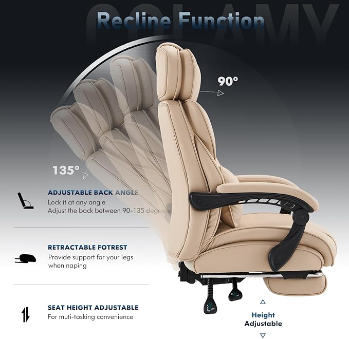COLAMY Office Chair with Retractable Footrest, Ergonomic High Back Design Executive Computer Desk Chair with Removable Lumbar Pillow, 90-135°Reclining, Thick Bonded Leather for Home Office Work, Khaki