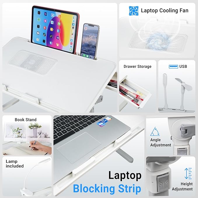 Laptop Lap Desk with Cooling Fan - Adjustable with Light, USB, Storage Drawer - Folding Bed Desk,22.04"*12.59",White