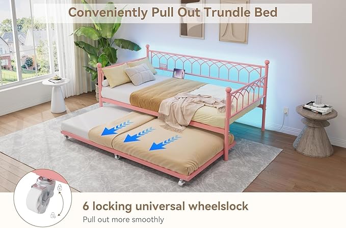 GarveeHome Twin Size Daybed with Charging Station and LED Lights, Metal Bed Frame with Trundle, Sofa Beds Frame with Steel Slat Support for Living Room, Guest Room, Apartment, Small Spaces, Pink