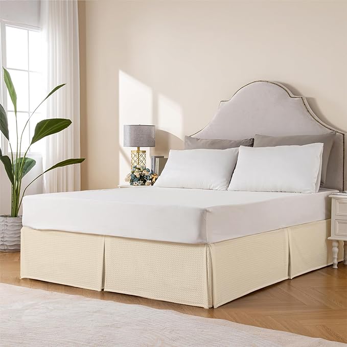 MIYE Pleated Waffle Weave Bed Skirt, Tailored Dust Ruffle 18 Inch Drop Easy Fit, Machine Washable,No Split Corners (Light Beige, Full - 18" Drop)