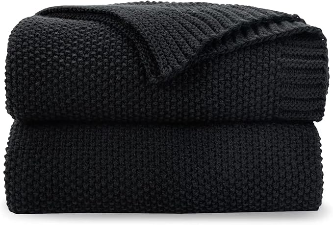 CozeCube Black Throw Blanket for Couch, Soft Cozy Cable Knit Throw for Bed Sofa Living Room, Lightweight Warm Decorative Farmhouse Christmas Blanket, 60"x80", Jet Black