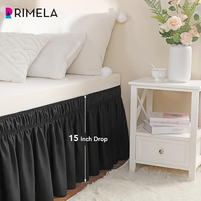 RIMELA Black Bed Skirt Twin Size 15 Inch Drop, Elastic Bed Skirting for Bed Base and Frame, Bedding Dust Ruffle Easy to Install, Lightweight Wrap Around Adjustable Bedskirt