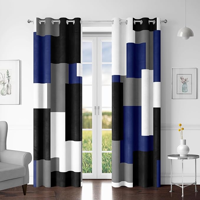 Navy Blue Grey 100% Blackout Curtains for Bedroom 96 inch Long 2 Panels Set Gray Modern Abstract Geometric Black Out Curtains Insulated Room Darkening Window Drapes for Living Room, 52Wx96L