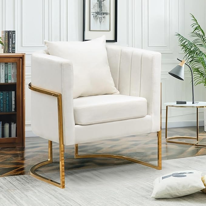 Velvet Accent Chairs Set of 2, Mid Century Modern Upholstered Barrel Armchair with Pillow for Living Room, Comfy Single Club Chair with Metal Gold Legs for Bedroom, White