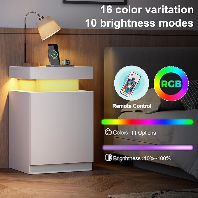 MXV Nightstand Set of 2 with LED Lights,Night Stand with Storage Cabinet for Bedroom,Bedside Table with LED (White, 17.7IN)