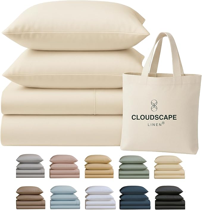 Cloud Scape Linen 100% Egyptian Cotton California King Sheet Set, 400 Thread Count,4 Pieces Luxury Bedding Set, Hotel Quality, Silky Soft, Breathable and Durable, Deep Pockets up to 17, Ivory