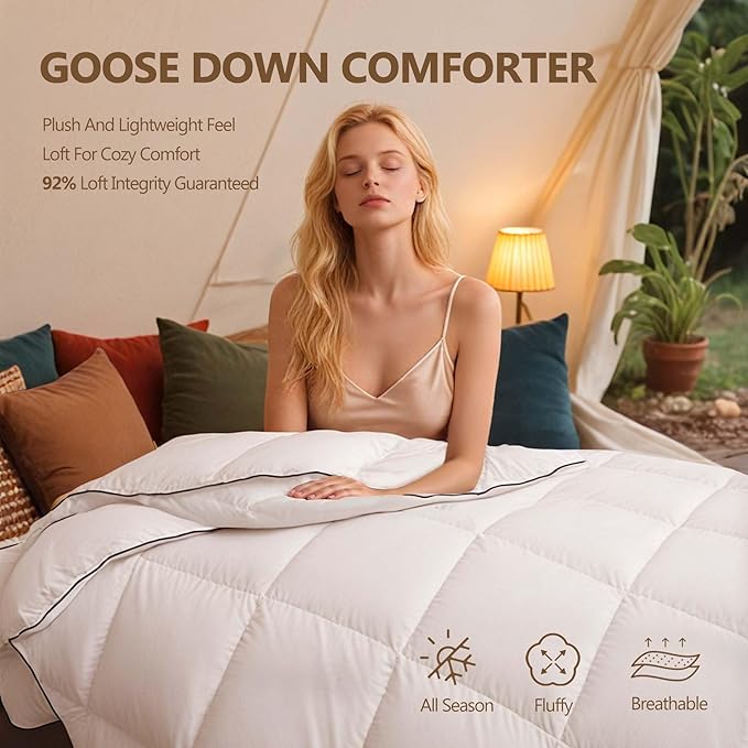 Extra Fluffy White Goose Down Comforter Queen Size - All Season Luxury Down Duvet Insert Hotel Bedding Comforters Oeko Certified 480 Thread Count High Fill Power - 90x90 Inches