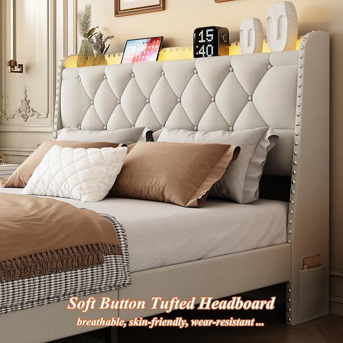 Full Size Bed Frame with Storage Headboard and 2 Drawers, Upholstered Button Tufted Bed Frames Full with Led Lights and Handy Charging Station, No Box Spring Needed, Easy Assembly, Noise Free, Beige