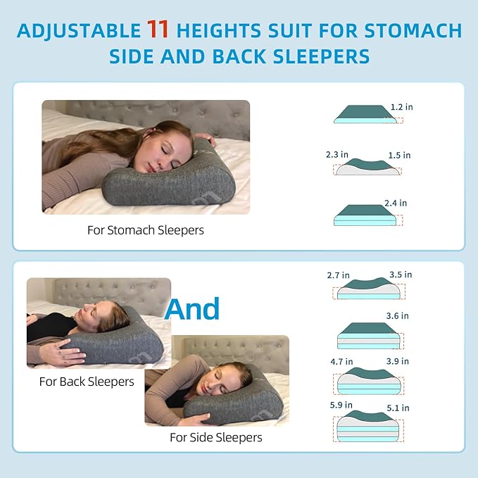 LOFE Contour Pillow - Adjustable Softness Cervical Neck Pillow for Ideal Support, 11 Heights Contour Memory Foam Pillows for Stomach/Side/Back Sleepers, Side Sleeper Pillow of Corner Tie, King