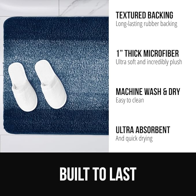 GORILLA GRIP Ultra Soft Plush Bathroom Rugs with Textured Rubber Backing, 40 x 24 Absorbent Quick Dry Bath Mat, Machine Washable Shower Mats, Home Décor Accessories Bathmat Rug Essentials, Navy