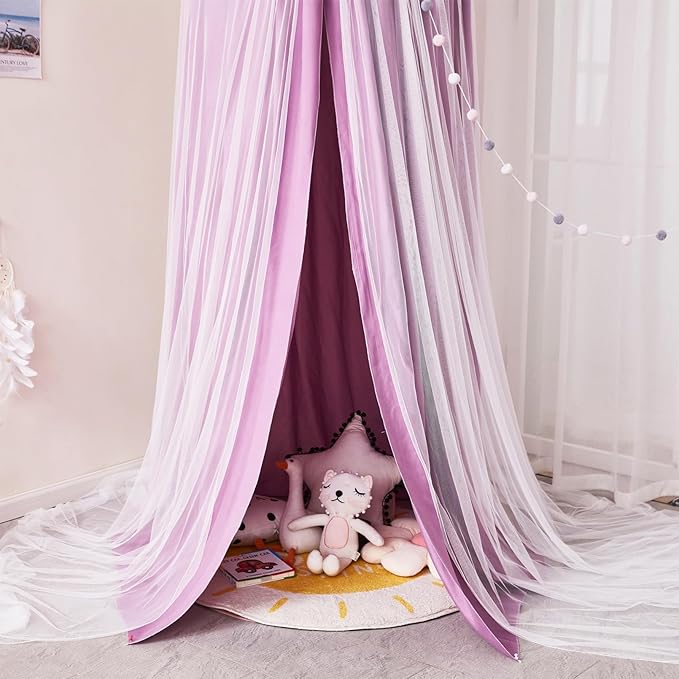 Kertnic 31.5inch Large Dome Bed Canopy for Girls, Double Layer Dreamy Ruffle Princess Canopy, Bedroom Hanging Tent Kids Reading Nook Canopies,Full Queen Bed Canopy Curtain (Dark Magenta-Purple)