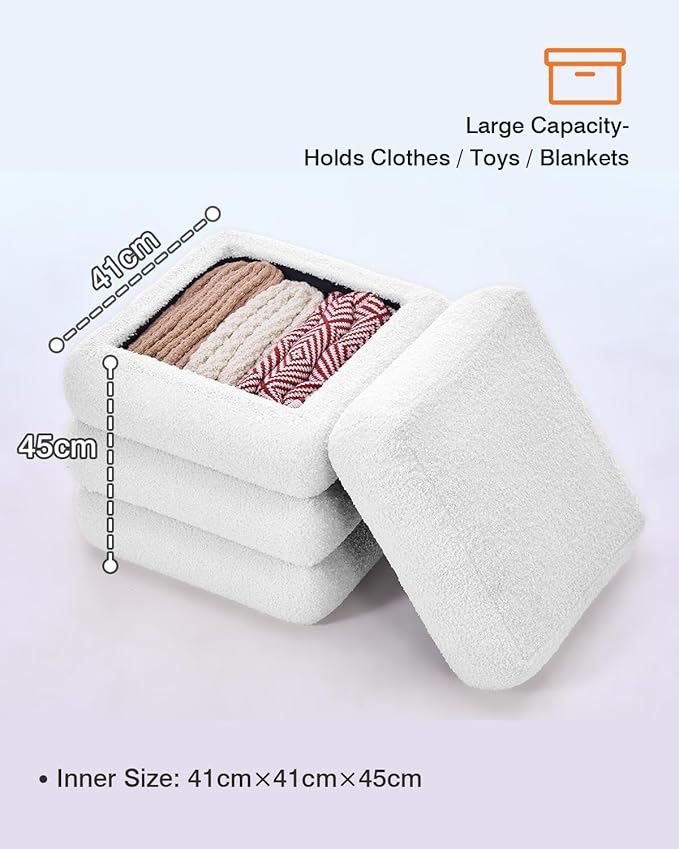 Square Set of 2 Sherpa Nesting Storage Ottoman Stool Boucle Vanity Stool Footstool with Removeable lid Load up to 440 lbs for Livingroom Bedroom White UASND69W