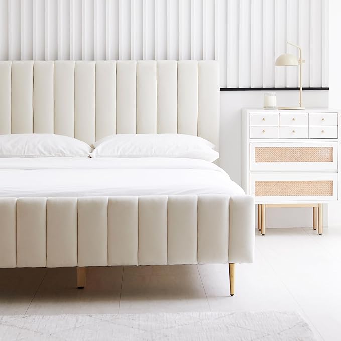 Livinia King Size Elton Velvet Platform Bed, Upholstered Bed Frame with Vertical Channel Tufted Headboard Footboard, Strong Wood Slats, No Box Spring Needed, Ivory (King)