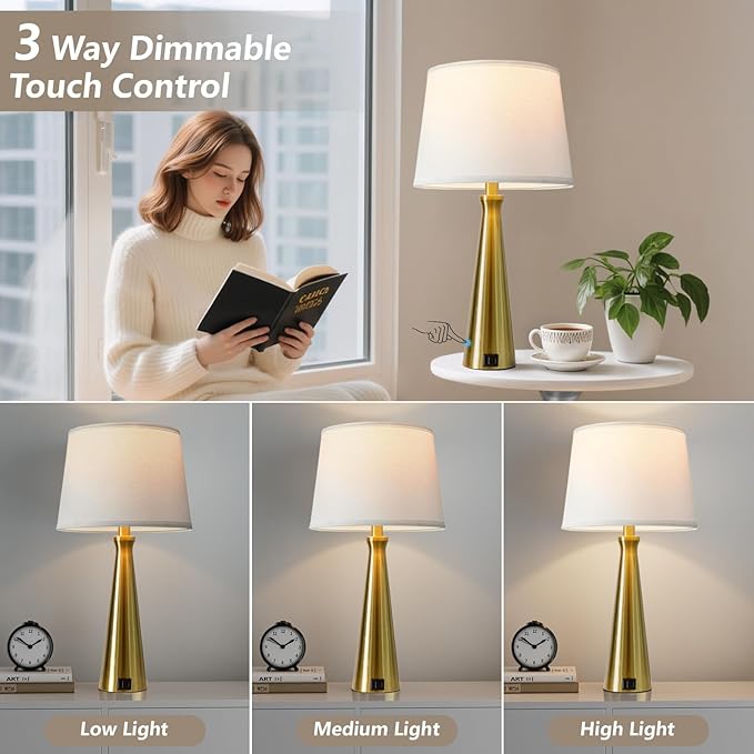Seealle Modern Table Lamps Set of 2 - Touch Bedside Lamp for Nightstand with Dual USB C+A,3-Way Dimmable Coppery Nightstand Lamps for Living Room Bedroom End Table with White Shade(Bulb Included)