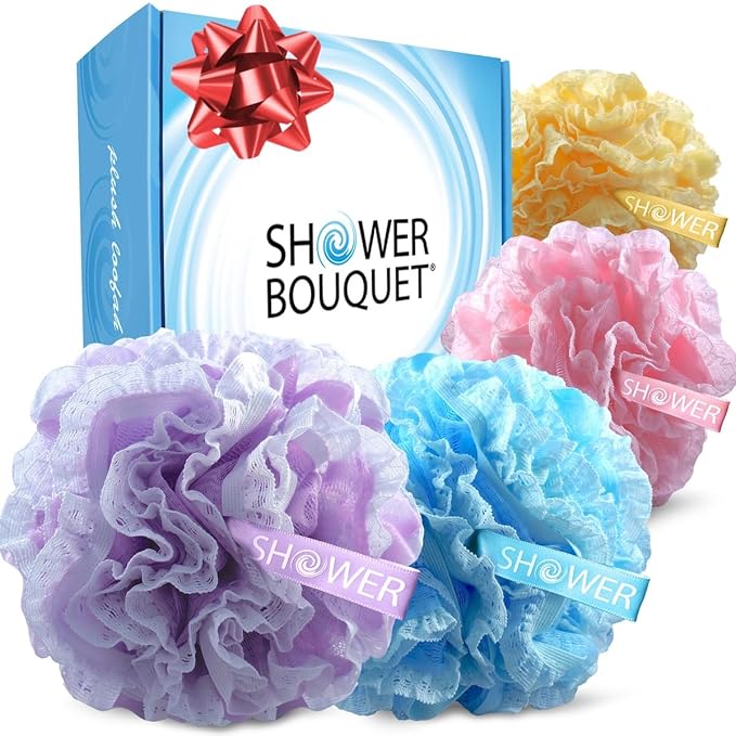 Loofah-Bath-Sponge Lace-Mesh-Set // 2-Scrubs-in-1 by Shower Bouquet/Large Full 60g Pouf (4 Pack Spa Colors) Body Luffa Loofa Loufa Puff - Exfoliate, Cleanse Skin with Luxurious Bathing Accessories
