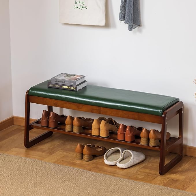 Solid Wood Shoe Bench, 2-Tier Entryway Bench with Cushion and Flip-Open Storage Box, Mid-Century Modern Shoe Bench Rack for Hallway, Mudroom(Green, 39.4'')