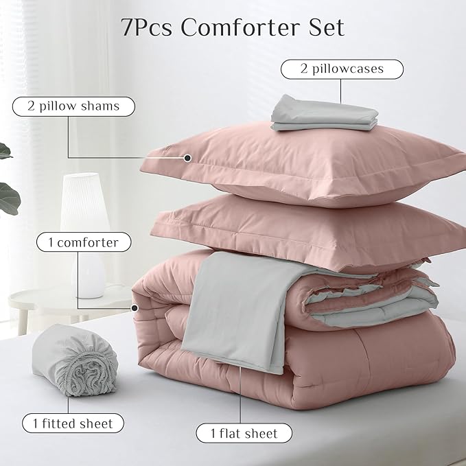 JOLLYVOGUE Queen Comforter Set, Ultra-Soft Bed in a Bag Queen Size 7 Pieces, Oeko-TEX Certified Bedding Set with Down Alternative Comforter, Sheets, Pillowcases & Shams, Pink & Light Grey