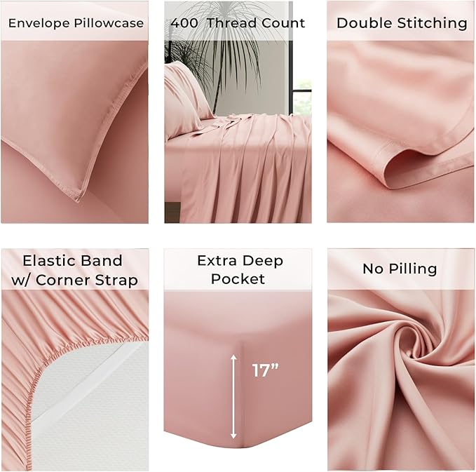 Luxury Bamboo Market | Queen Size Bed Sheet Set | 100% Viscose Made from Bamboo | Organically Grown | Ultra Soft | Cooling Sheets for Hot Sleepers | 17" Deep Pocket [Rose Quartz]