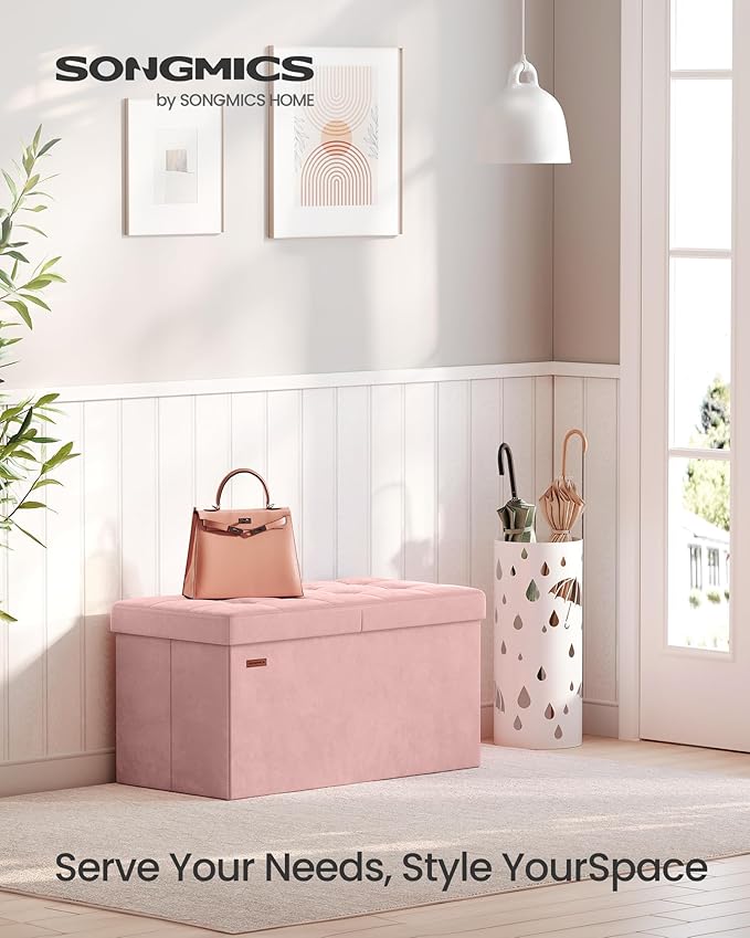 SONGMICS Mazie Collection - 30 Inches Storage Ottoman, Foldable Storage Bench with Flipping Lid, 660 lb Load Capacity, for Entryway, Living Room, Bedroom, Velvet Fabric, Jelly Pink ULSF048SA03