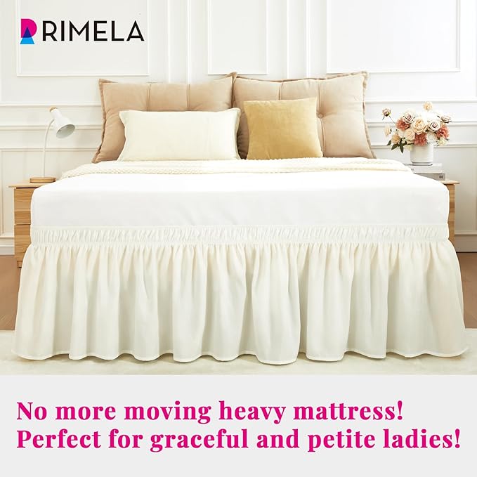 RIMELA Ivory White King Size Bed Skirt 15 Inch Drop, Elastic Bed Skirts Cal King Dust Ruffle, Bedskirt for Adjustable Bed Base Solid Fade Resistant Silky Fabric Machine Washable Easy to Install