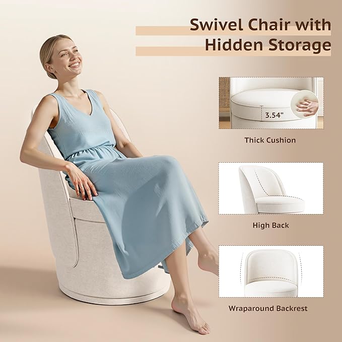 Swivel Accent Chair Set of 2, 360° Swivel Round Chair with Hidden Storage, Vanity Chairs, Modern Small Barrel Armchair for Living Room/Bedroom, Beige